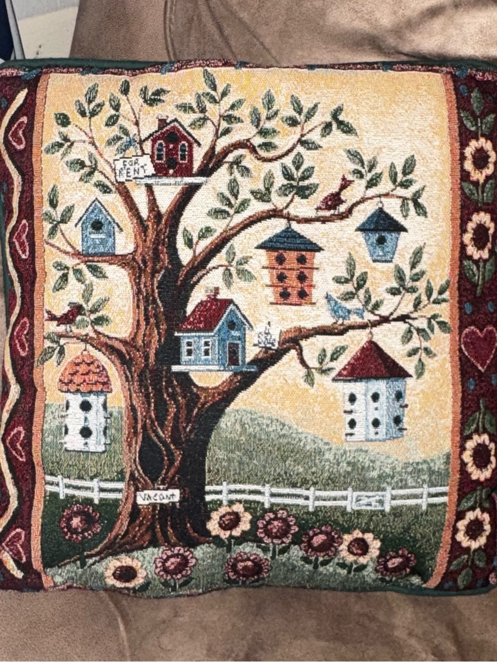 Vintage birdhouse throw pillow